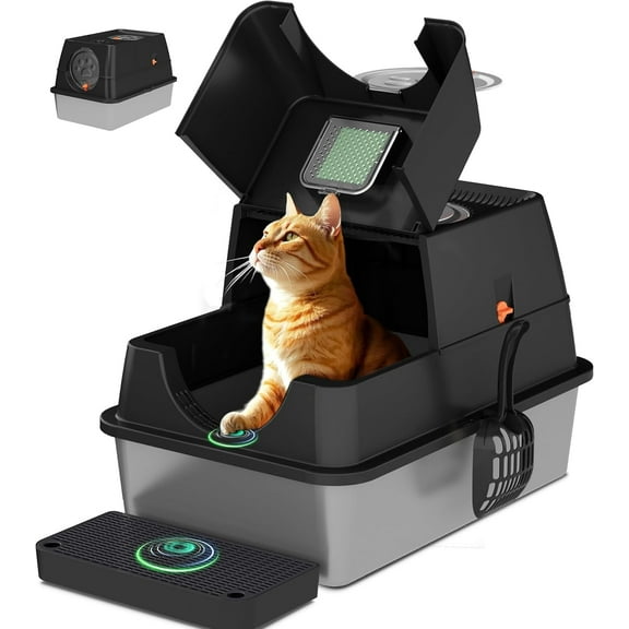 Stainless Steel Litter Box with Lid,Front Entry Top Exit Kitty LitterBox,Extra Large Enclosed Metal Cat Box with Litter Scoop & Litter Mat-Black