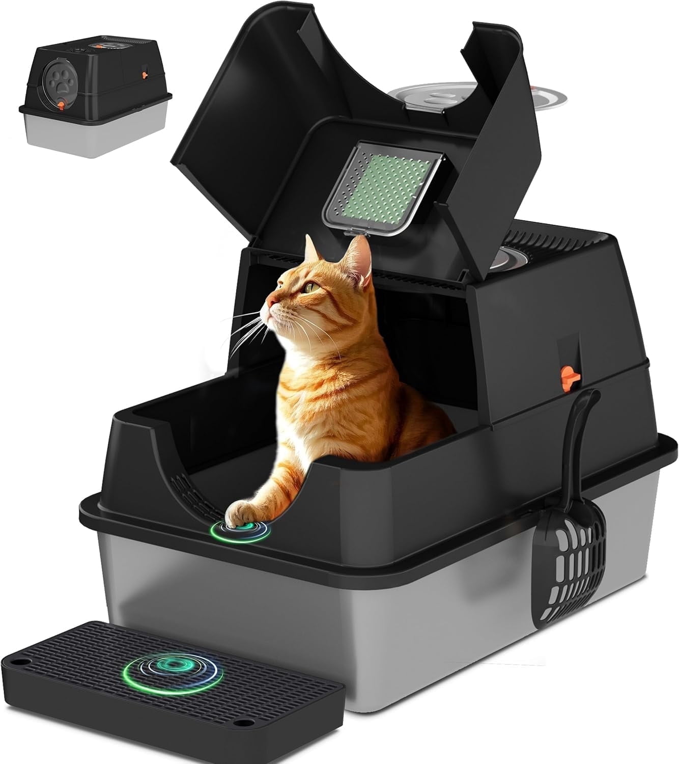 Stainless Steel Litter Box with Lid,Front Entry Top Exit Kitty LitterBox,Extra Large Enclosed Metal Cat Box with Litter Scoop & Litter Mat-Black