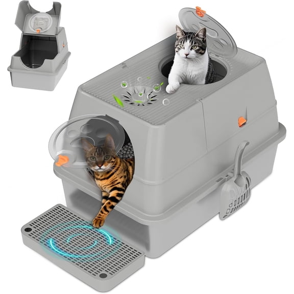 Stainless Steel Litter Box with Lid,Front Entry Top Exit Kitty LitterBox,Extra Large Enclosed Metal Cat Box with Litter Scoop & Litter Mat-Light Gray