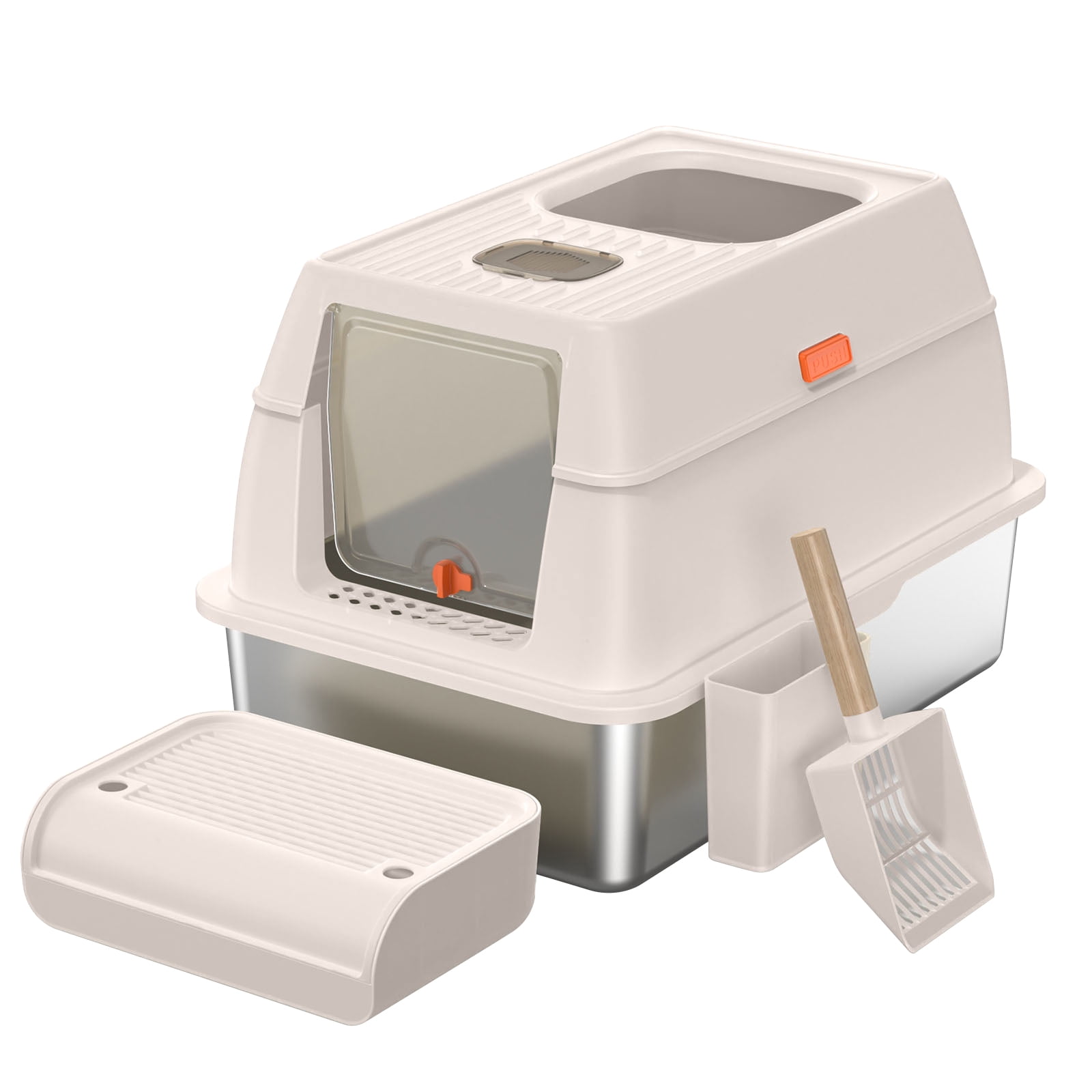 Stainless Steel Litter Box with Lid, Fully Enclosed Metal Cat Litter Box with Scooper, Leak-Proof, Clumping Litter for Large, Multi-Cats
