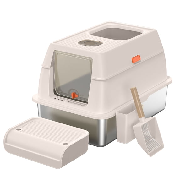 Stainless Steel Litter Box with Lid, Fully Enclosed Metal Cat Litter Box with Scooper, Leak-Proof, Clumping Litter for Large, Multi-Cats