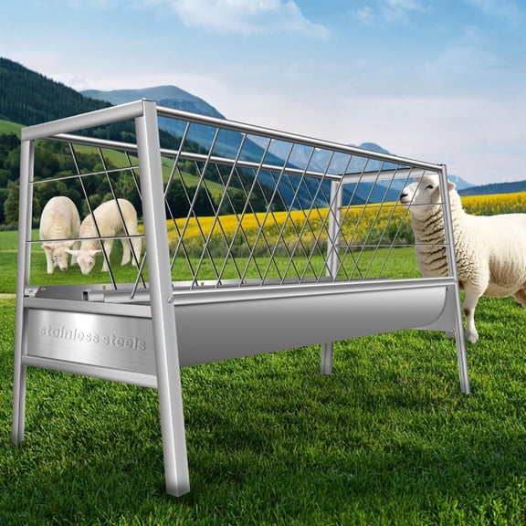 Stainless Steel Livestock Feeder, 77 Gal Dual Chamber Farm Ranch Trough, 59x19.6x33.4in Goat Sheep Hay Feeder with 55 Gal Hay Rack & 22 Gal Grain Tray for Pasture