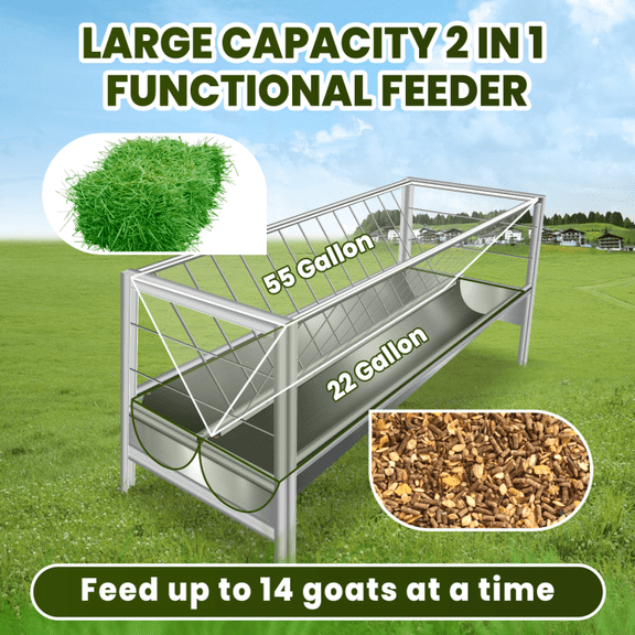 Stainless Steel Livestock Feeder, 77Gal Dual-Chamber, Farm Ranch Trough, Goat, Sheep, Cow, Horse