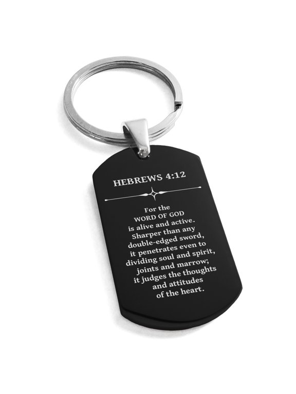 Stainless Steel Living Word Hebrews 4:12 Dog Tag Keychain Keyring