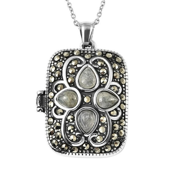 Shop LC Stainless Steel Locket - Labradorite & Marcasite Locket Pendant Necklace for Women - Vintage Lockets in Black Oxidized Stainless Steel - 20" Necklace Length Costume Jewelry for Women Birthday