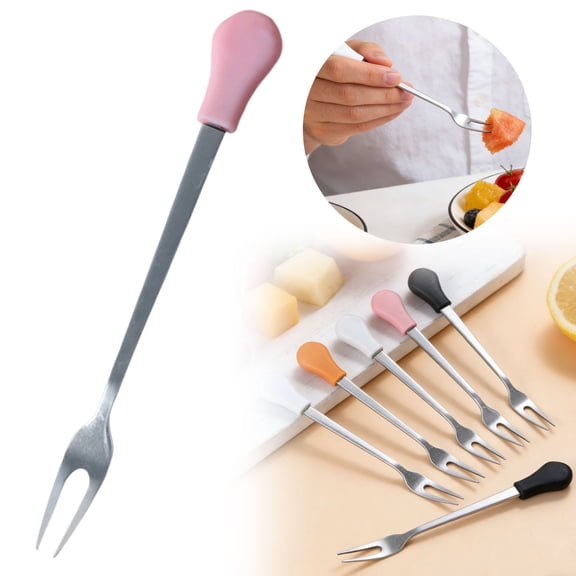 Stainless Steel Long Handle Fork with Silicone Grip, Durable Metal Serving Fork, Ergonomic Non-Slip Kitchen Fork for Cooking, BBQ, Buffet, Fruit, Dishwasher Safe(I)
