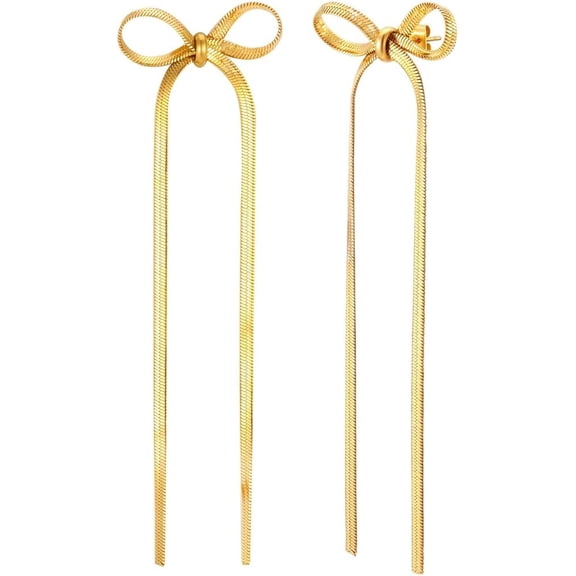 Stainless Steel Long Tassel Snake Chain Bowtie Style Dangle Drop Earrings