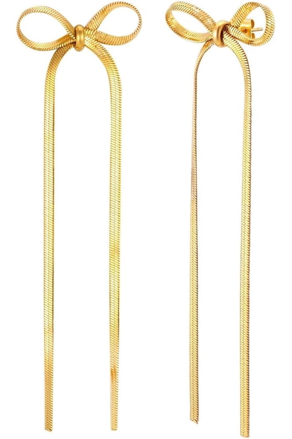 Stainless Steel Long Tassel Snake Chain Bowtie Style Dangle Drop Earrings