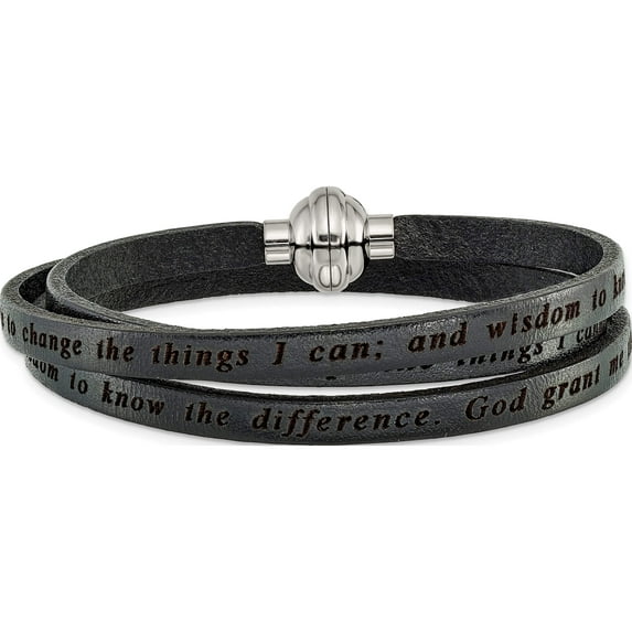 Stainless Steel Lord's Prayer Black Leather Wrap 23.5 Inch Bracelet (23.5 X 5) Made In Italy bf3229-lg