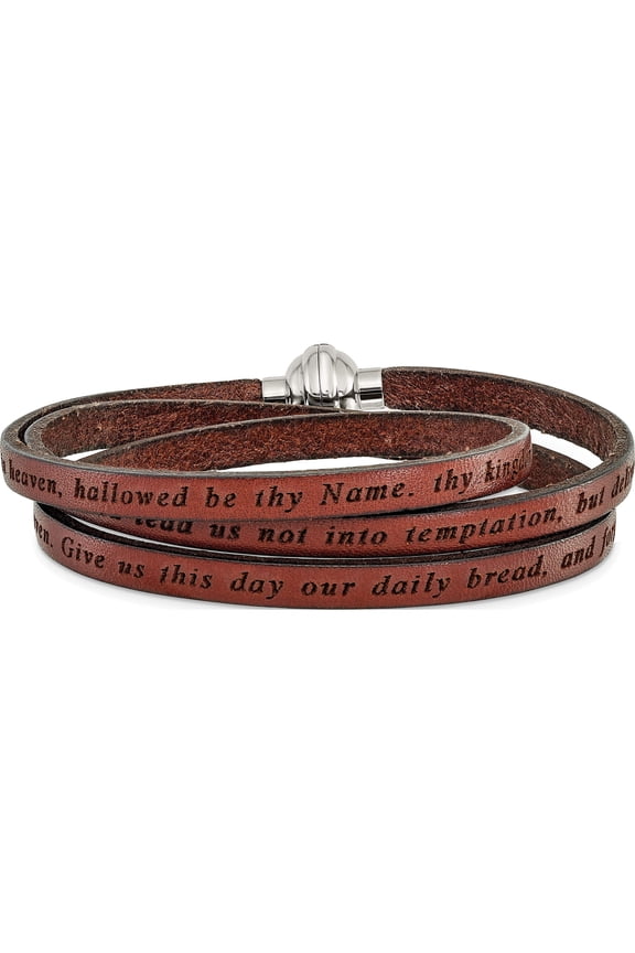 Amen Stainless Steel Lord's Prayer Brown Leather Wrap with Magnetic Clasp with Magnetic Clasp 22.25 Inch Bracelet