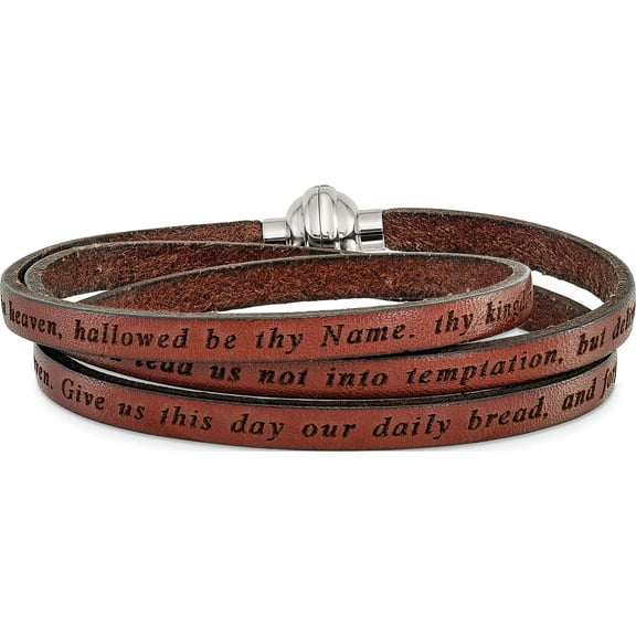 Stainless Steel Lord's Prayer Brown Leather Wrap 23.5 Inch Bracelet (23.5 X 5) Made In Italy bf3232-lg