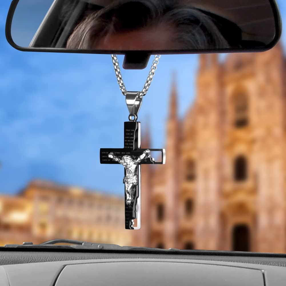 2-Piece Car Rosary For Rearview Mirror – Alloy & Glass Cross Blessing Beads, Adjustable, Universal Fit (Silver)