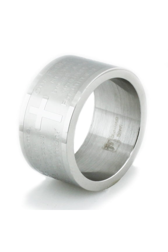 Stainless Steel Lord's Prayer Religious Wide CZ Wedding Band Ring