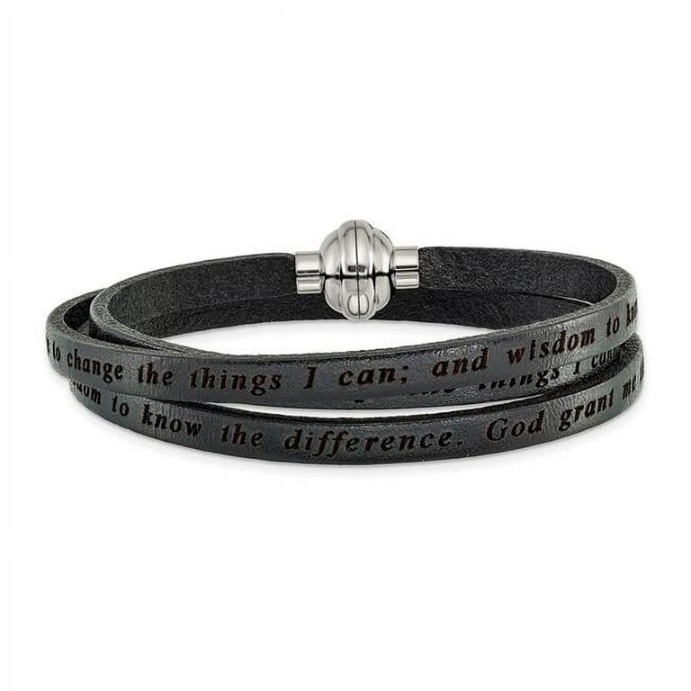 Stainless Steel Lord's Prayer Black Leather Wrap 21 Inch Bracelet Stainless Steel Lord's Prayer Black Leather Wrap 21 Inch Bracelet