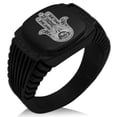 thumbnail image 1 of Stainless Steel Lotus Hamsa Hand of Fatima CZ Ribbed Needle Stripe Pattern Biker Style Polished Ring, 1 of 1