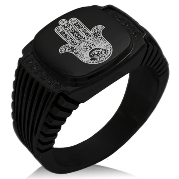 Stainless Steel Lotus Hamsa Hand of Fatima CZ Ribbed Needle Stripe Pattern Biker Style Polished Ring