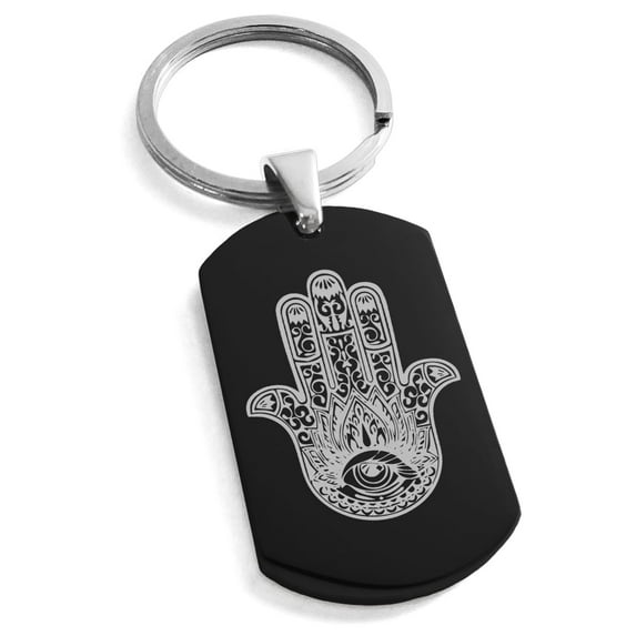 Tioneer Stainless Steel Lotus Hamsa Hand of Fatima Engraved Dog Tag Keychain Keyring