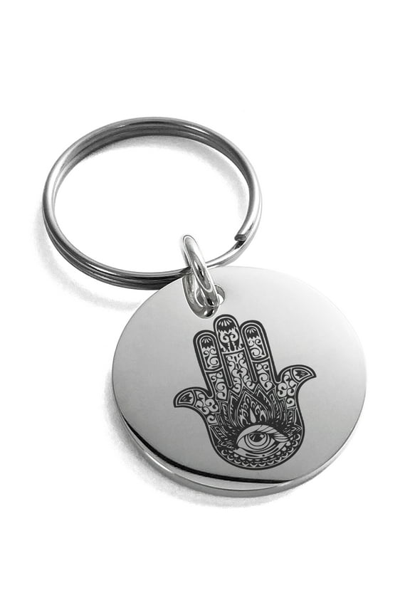 Stainless Steel Lotus Hamsa Hand of Fatima Engraved Small Medallion Circle Charm Keychain Keyring
