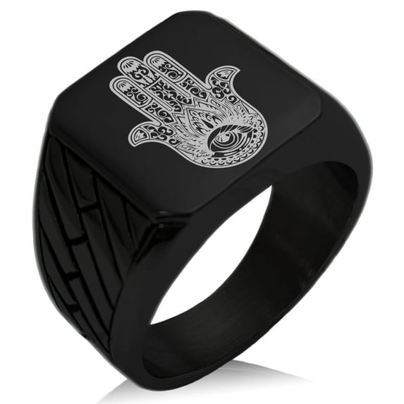 Tioneer Stainless Steel Lotus Hamsa Hand of Fatima Geometric Pattern Biker Style Polished Ring