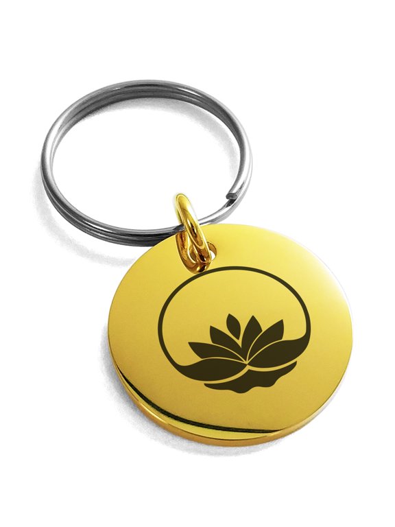 Stainless Steel Lotus Zen Engraved Small Medallion Circle Charm Keychain Keyring