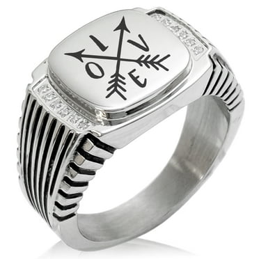 Stainless Steel Love Arrow Compass CZ Ribbed Needle Stripe Pattern Biker Style Polished Ring