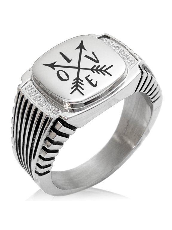Stainless Steel Love Arrow Compass CZ Ribbed Needle Stripe Pattern Biker Style Polished Ring