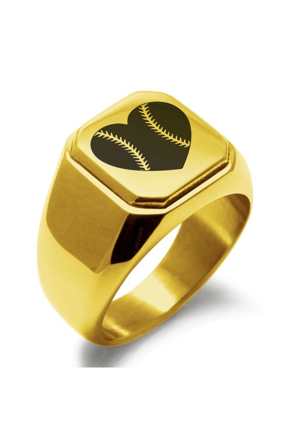 Stainless Steel Love Baseball Heart Engraved Square Flat Top Biker Style Polished Ring
