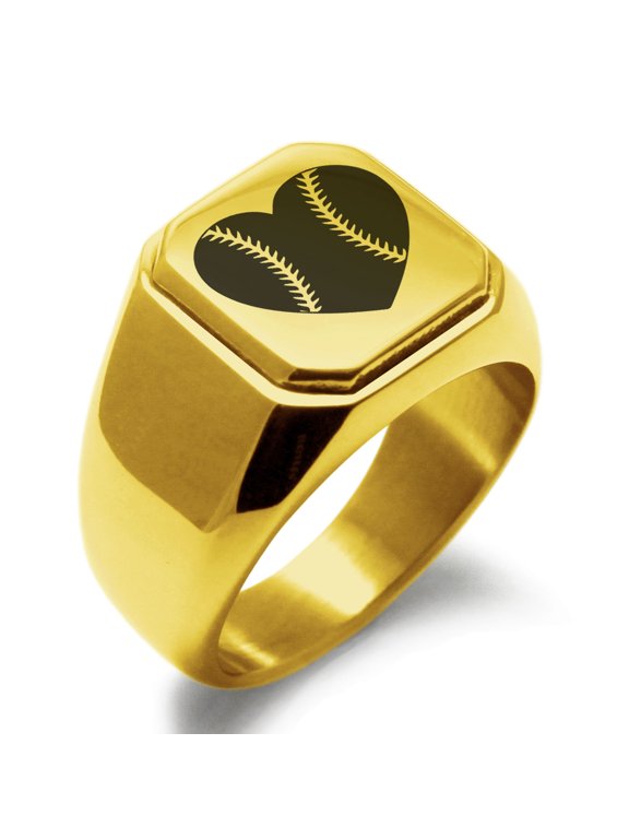 Stainless Steel Love Baseball Heart Engraved Square Flat Top Biker Style Polished Ring