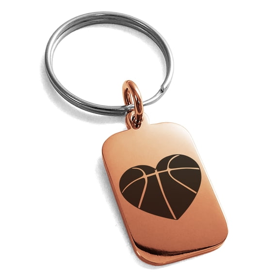 Stainless Steel Love Basketball Heart Engraved Small Rectangle Dog Tag Charm Keychain Keyring
