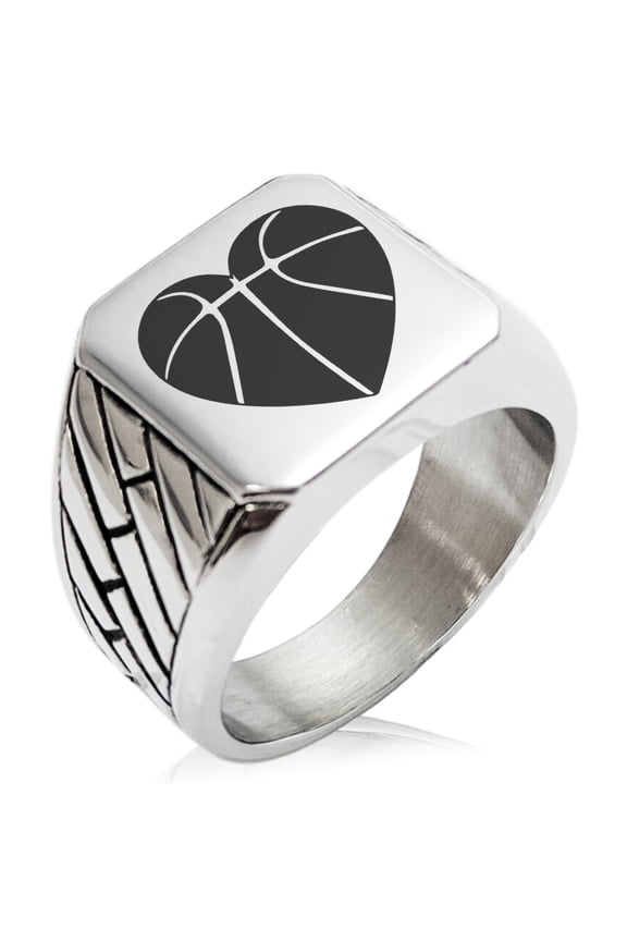 Stainless Steel Love Basketball Heart Geometric Pattern Biker Style Polished Ring
