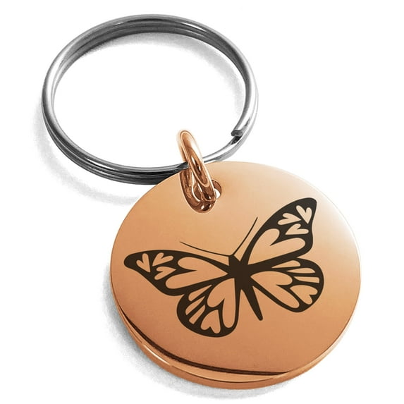 Tioneer Stainless Steel Love Butterfly Engraved Small Medallion Circle Charm Keychain Keyring
