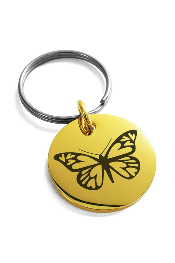 Stainless Steel Love Butterfly Engraved Small Medallion Circle Charm Keychain Keyring