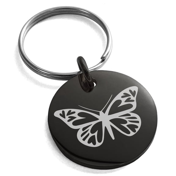 Tioneer Stainless Steel Love Butterfly Engraved Small Medallion Circle Charm Keychain Keyring