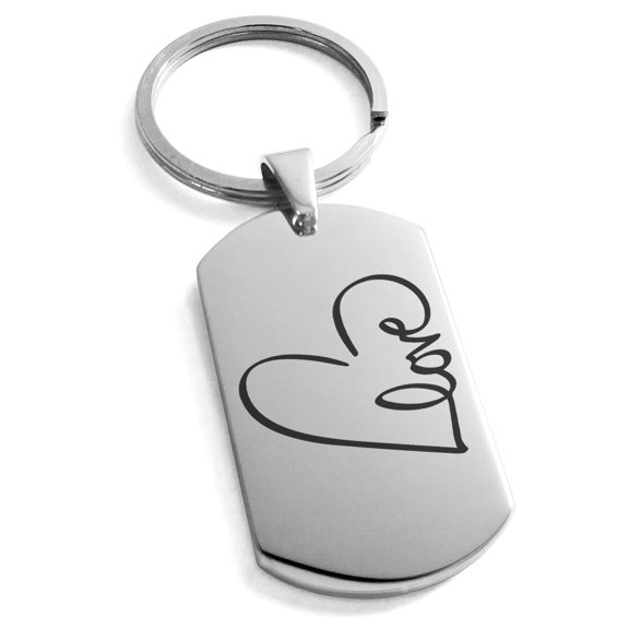 Tioneer Stainless Steel Love Heart Calligraphy Engraved Dog Tag Keychain Keyring