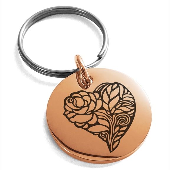 Stainless Steel Love Heart Floral Rose Engraved Small Medallion Circle Charm Keychain Keyring