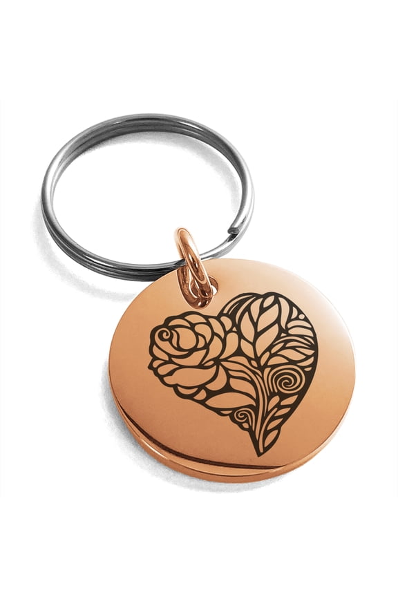 Stainless Steel Love Heart Floral Rose Engraved Small Medallion Circle Charm Keychain Keyring