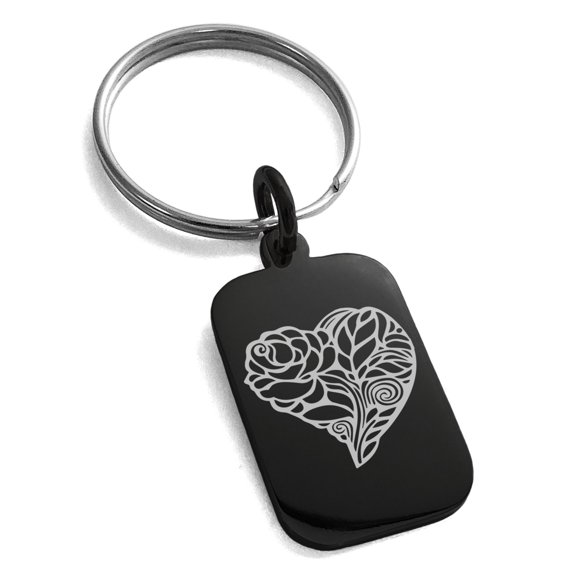 Tioneer Stainless Steel Love Heart Floral Rose Engraved Small Rectangle Dog Tag Charm Keychain Keyring