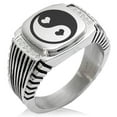 thumbnail image 1 of Tioneer Stainless Steel Love Heart Yin Yang CZ Ribbed Needle Stripe Pattern Biker Style Polished Ring, 1 of 1