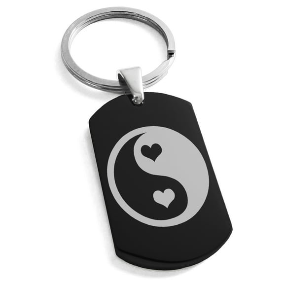 Stainless Steel Love Heart Yin Yang Engraved Dog Tag Keychain Keyring
