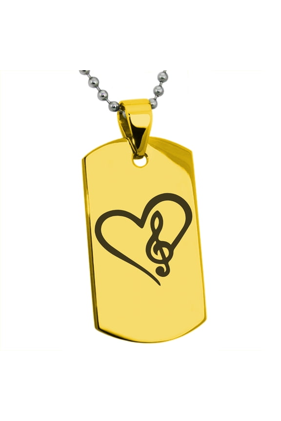 Stainless Steel Love Music Treble Clef Heart Engraved Dog Tag Pendant Necklace
