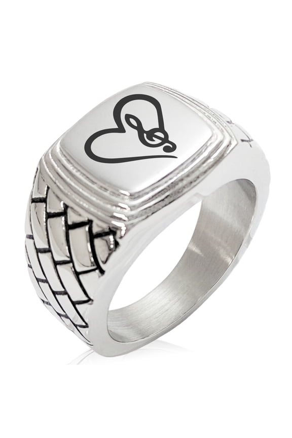 Stainless Steel Love Music Treble Clef Heart Geometric Pattern Step-Down Biker Style Polished Ring