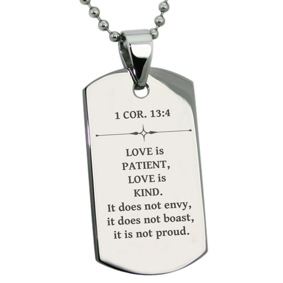 Tioneer Stainless Steel Love is Patient and Kind 1 Corinthians 13:4 Dog Tag Pendant Necklace