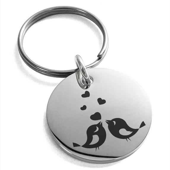 Stainless Steel Lovebirds Heart Engraved Small Medallion Circle Charm Keychain Keyring