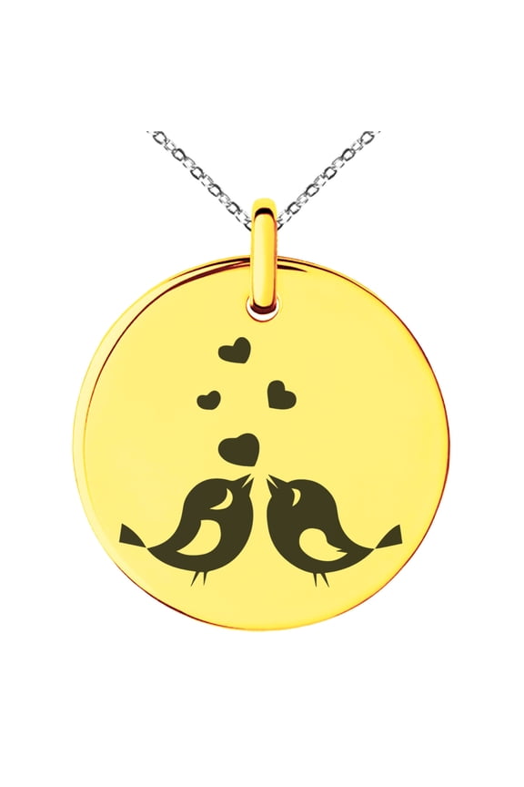 Stainless Steel Lovebirds Heart Engraved Small Medallion Circle Charm Pendant Necklace
