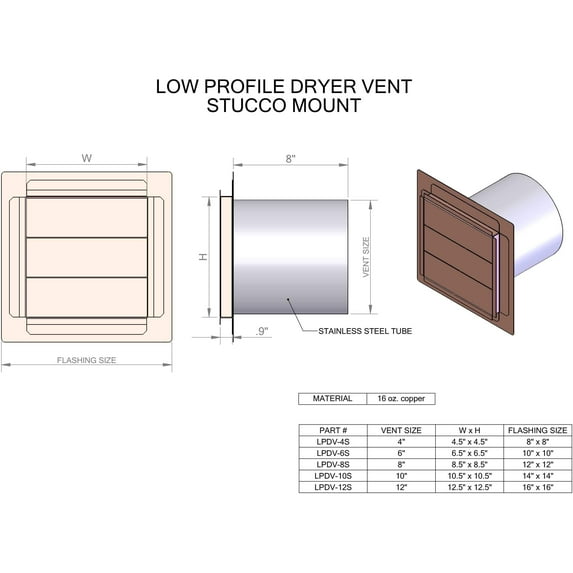 Stainless Steel Low Profile Louvered Dryer Vent - Exhaust Vent (4"-12") Duct Size: 6", Mount Type: Stucco