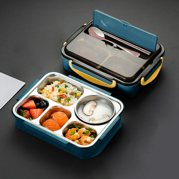 Stainless Steel Lunch Box 1500ML | 5-Compartment Food Container | 304 Stainless Steel | Water Heating & Soup Friendly | Portable Lightweight Bento | Blue or Pink | 11.2x8.66x2.8in