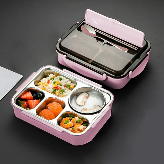 Stainless Steel Lunch Box 1500ML | Five-Compartment Bento Food Container | 304 Steel & PET | Insulated Leakproof Design | Hot Water/Soup | Lightweight Portable | Blue or Pink | 28.5x22x7cm