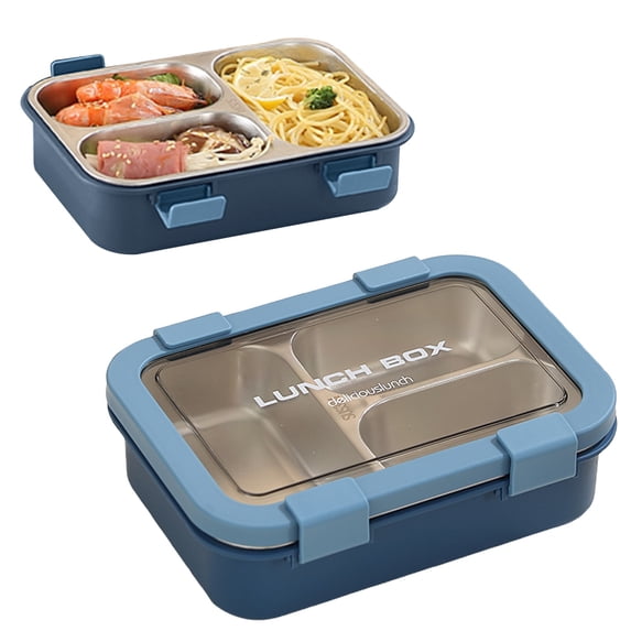 Stainless Steel Lunch Box, 3 Compartment Container with Leakproof Lids for Adults School Work Office Portable Food Storage Bentos Box(Blue)