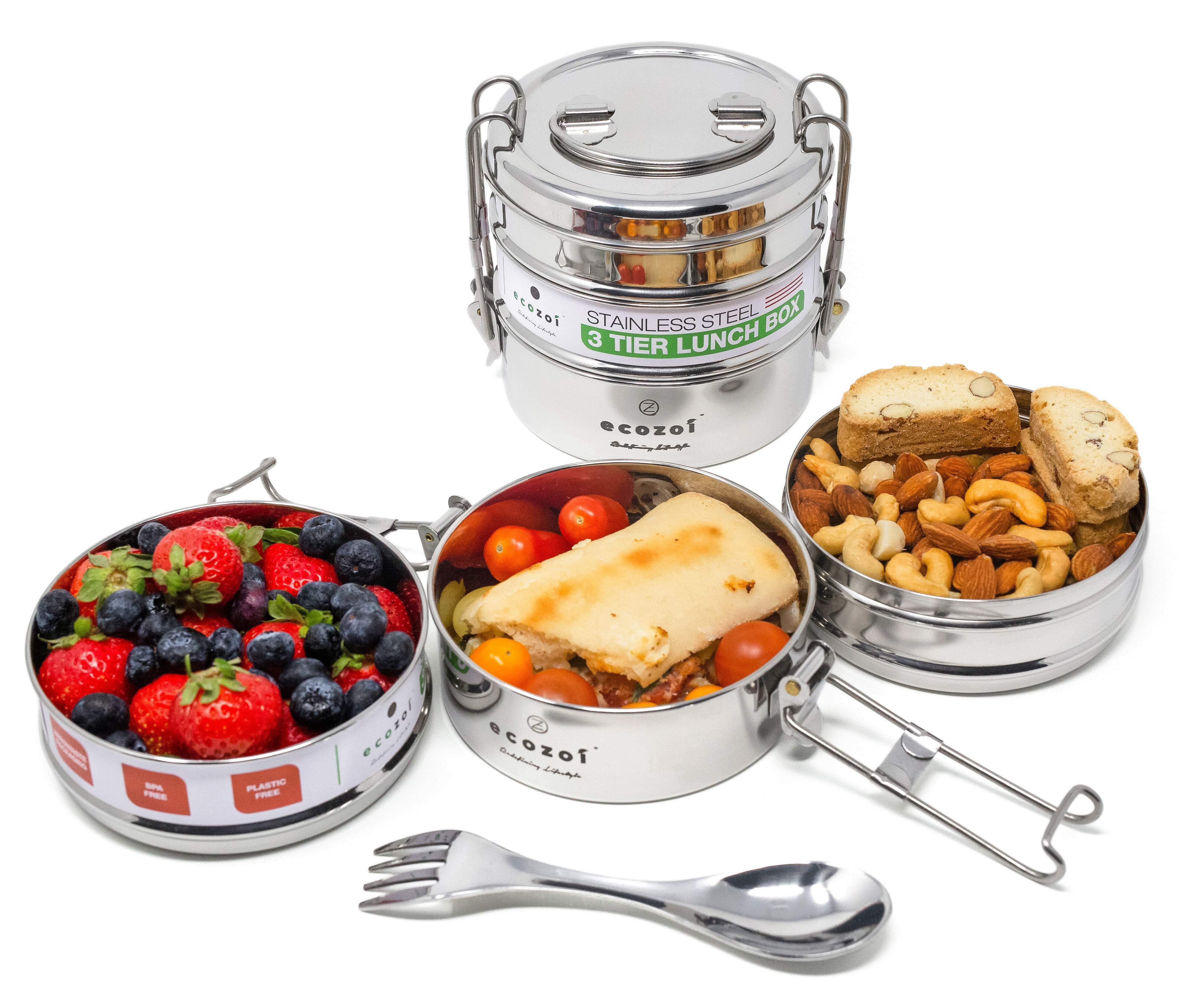 Stainless Steel Lunch Box, 3 Tier Round with Spork, 40 Oz