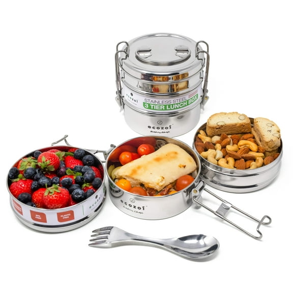 Stainless Steel Lunch Box, 3 Tier Round with Spork, 40 Oz